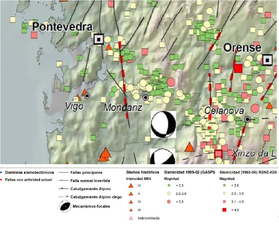 Pequena falla activa na zona do enxame sísmico (en vermello) e datos históricos de sismicidade na zona. Fonte: Juan Ramón Vidal Romaní.